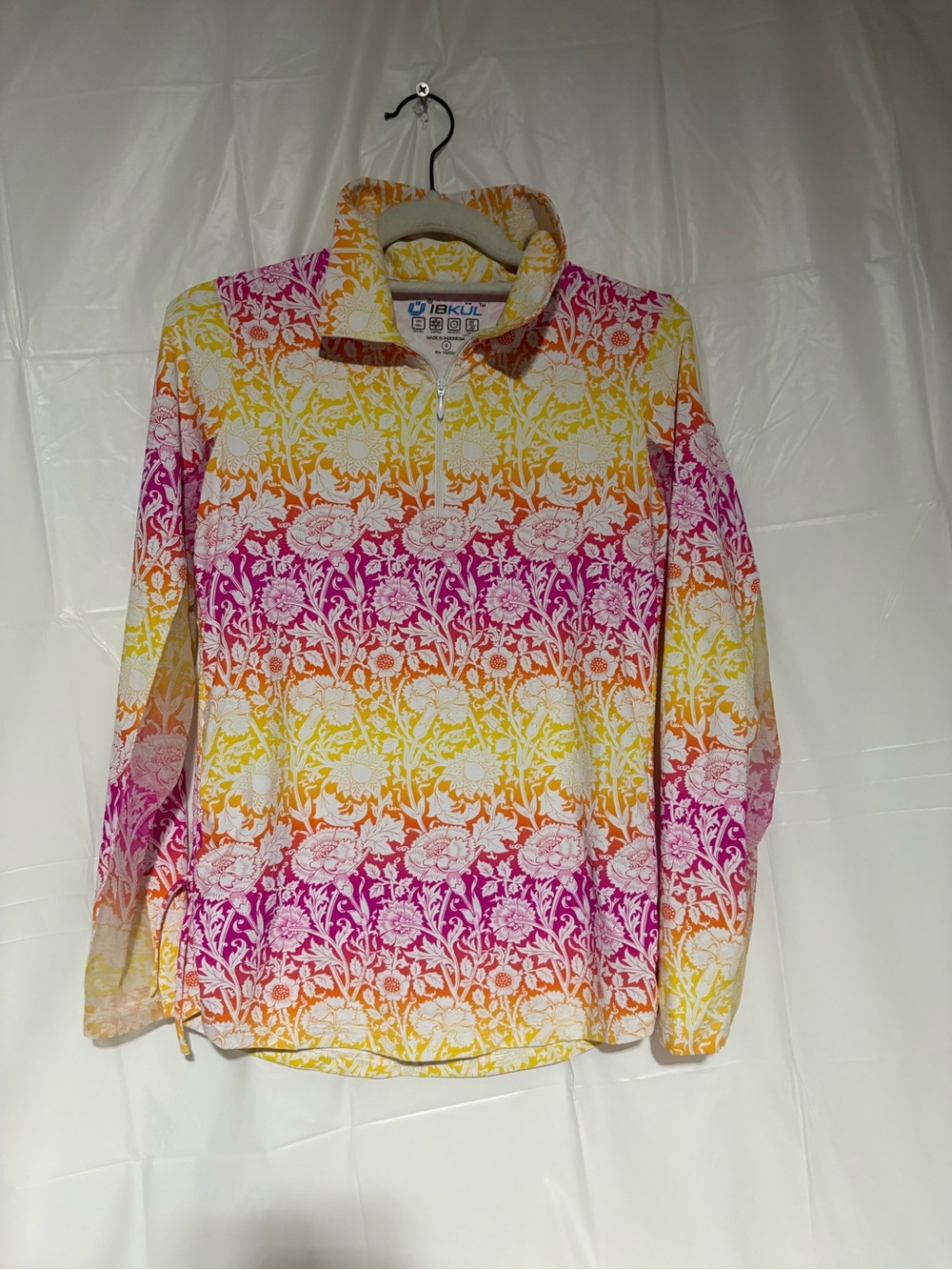 IBKUL Women's Pink Orange Yellow Floral Quarter-Zip Pullover